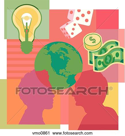 A montage of a pair of dice, money, a light bulb, the globe, and two people talking View Large Illustration Clip Art - A montage of a pair of dice, money, a light bulb, the globe, and two people talking. Fotosearch