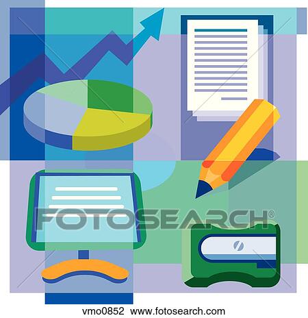 A montage of a pie chart, documents, a pencil, a pencil sharpener, and a computer monitor View Large Illustration Drawing - A montage of a pie chart, documents, a pencil, a pencil sharpener, and a computer monitor. Fotosearch