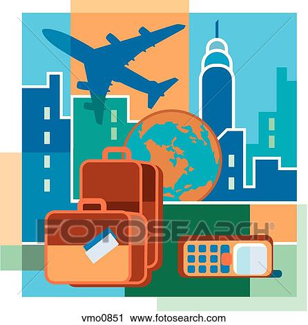 A montage of an airplane, high-rise buildings, luggage, the earth, and a cell phone View Large Illustration Clip Art - A montage of an airplane, high-rise buildings, luggage, the earth, and a cell phone. Fotosearch