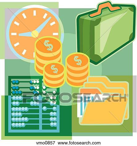 A montage of money, folders, a clock, a brief case, and an abacus View Large Illustration Stock Illustration - A montage of money, folders, a clock, a brief case, and an abacus. Fotosearch