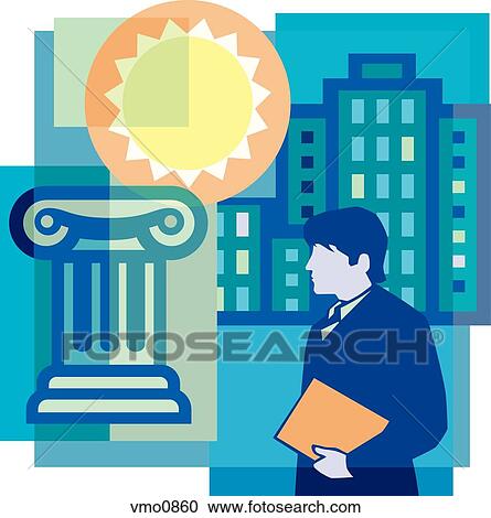 A montage of the sun, a man holding documents, high-rise buildings, and a column View Large Illustration Clipart - A montage of the sun, a man holding documents, high-rise buildings, and a column. Fotosearch
