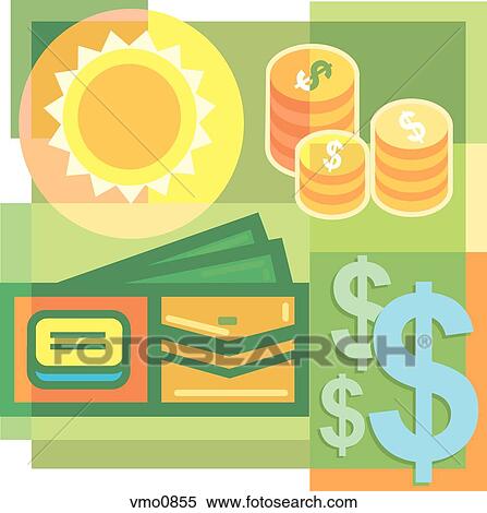 A montage of the sun, coins, a wallet, and dollar signs View Large Illustration Stock Illustration - A montage of the sun, coins, a wallet, and dollar signs. Fotosearch