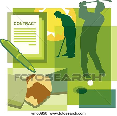 A montage of the sun, two men playing golf, a contract, and a handshake View Large Illustration Clipart - A montage of the sun, two men playing golf, a contract, and a handshake. Fotosearch