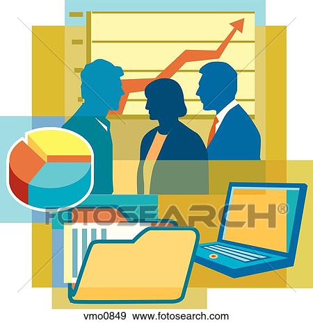 A montage of two men and a woman, a graph, a pie chart, folders, and a laptop computer View Large Illustration Stock Illustration - A montage of two men and a woman, a graph, a pie chart, folders, and a laptop computer. Fotosearch