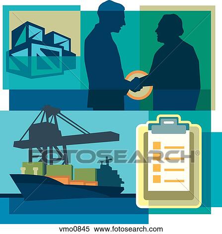 A montage of two men shaking hands, crates, shipping documents, and a freighter View Large Illustration Stock Illustration - A montage of two men shaking hands, crates, shipping documents, and a freighter. Fotosearch