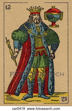 Stock Illustration - Vintage playing card showing a king holding a sceptre and an urn. Fotosearch
