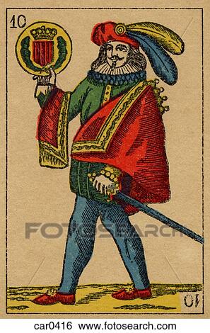Vintage playing card showing a man with feathered hat holding a sword and a coat of arms View Large Illustration Stock Illustration - Vintage playing card showing a man with feathered hat holding a sword and a coat of arms. Fotosearch