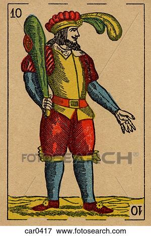 Stock Illustration - Vintage playing card showing a man with feathered hat holding a club. Fotosearch