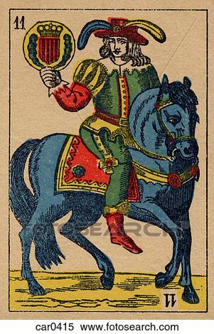 Stock Illustration - Vintage playing card showing a prince with feathered hat holding a coat of arms. Fotosearch