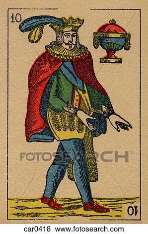 Stock Illustration - Vintage playing card showing a prince with feathered hat and an urn. Fotosearch