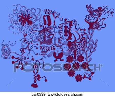 Stock Illustration - Blue abstract floral and bird pattern. Fotosearch