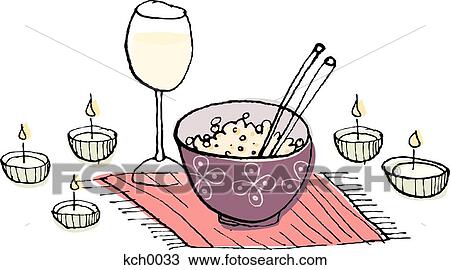Drawing - A bowl of rice, a glass of wine and candles. Fotosearch