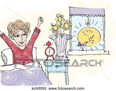 A woman waking up from bed in the morning View Large Illustration Stock Illustration - A woman waking up from bed in the morning. Fotosearch