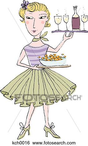 A woman with a tray of drinks and a bowl of snacks View Large Illustration Stock Illustration - A woman with a tray of drinks and a bowl of snacks. Fotosearch
