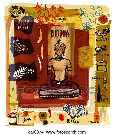 Collage of a Buddha statue with Asian spices and food View Large Illustration Stock Illustration - Collage of a Buddha statue with Asian spices and food. Fotosearch