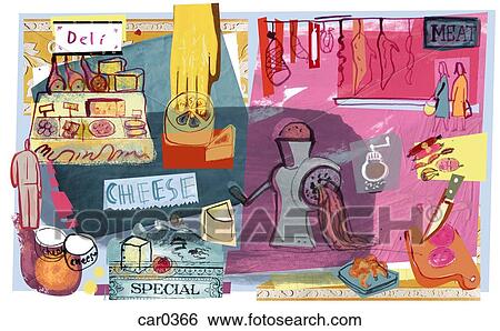 Collage of deli meats and cheeses View Large Illustration Stock Illustration - Collage of deli meats and cheeses. Fotosearch