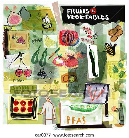 Collage of different fruits and vegetables View Large Illustration Stock Illustration - Collage of different fruits and vegetables. Fotosearch