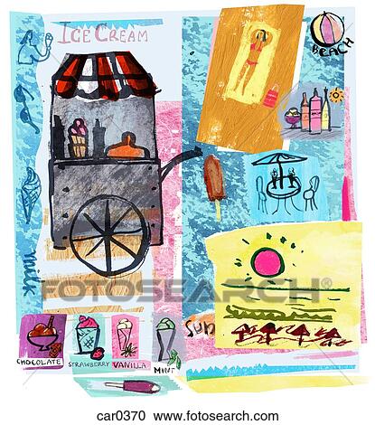 Clipart - Collage of ice-cream cart, sun and beach, illustrating summer. Fotosearch