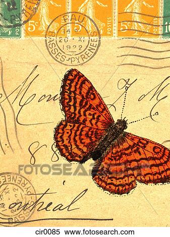 Stock Illustration - An old envelope with stamps from France, handwriting, and a butterfly. Fotosearch