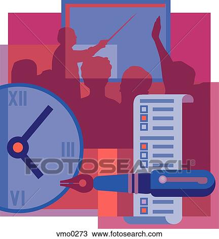 Drawing - Seminar, clock, pen and test montage. Fotosearch