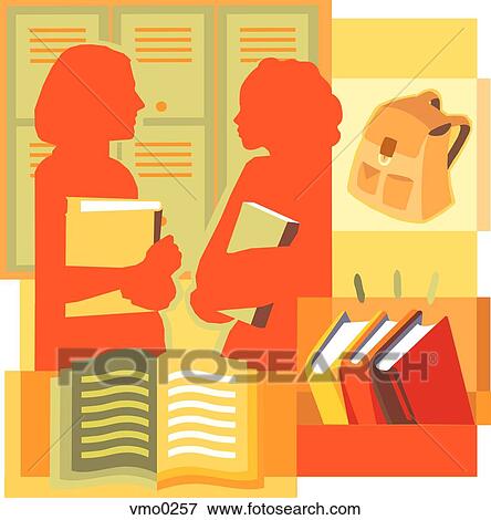 Two students talking by their lockers, montage View Large Illustration Stock Illustration - Two students talking by their lockers, montage. Fotosearch