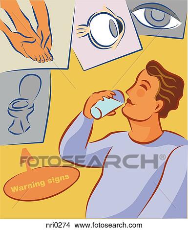 Stock Illustration - Collage of the warning signs of diabetes showing an overweight man drinking water, frequent urination, foot nerve pain, and eye cataract. Fotosearch