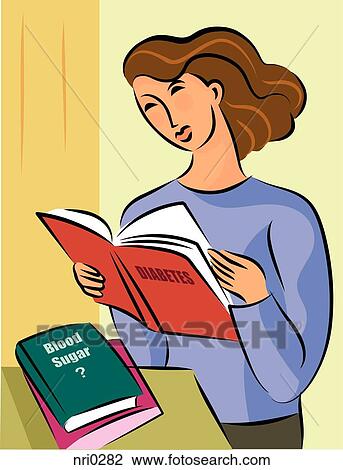 Illustration of a woman reading books on diabetes and blood sugar View Large Illustration Drawing - Illustration of a woman reading books on diabetes and blood sugar. Fotosearch