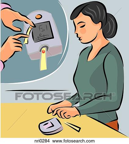 Stock Illustration - Illustration of a woman testing her blood sugar level. Fotosearch