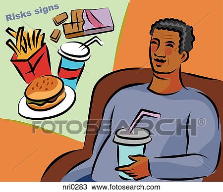 Drawing - Illustration of the risk signs of diabetes showing an overweight elderly man and junk food. Fotosearch