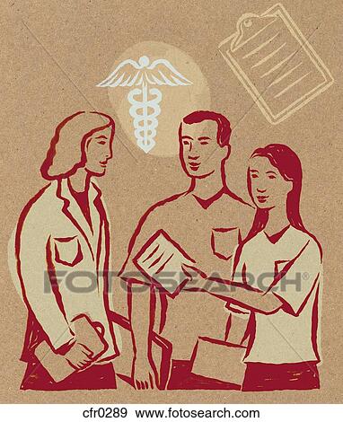 Illustration of a couple handing papers to a doctor, a caduceus sign and a clipboard View Large Illustration Stock Illustration - Illustration of a couple handing papers to a doctor, a caduceus sign and a clipboard. Fotosearch