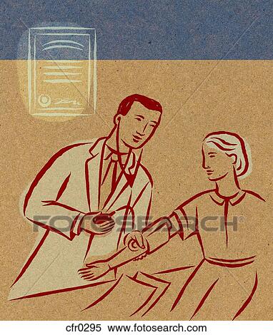 Stock Illustration - Illustration of a doctor checking a patients blood pressure, with a medical certificate in the background. Fotosearch