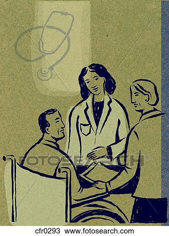Drawing - Illustration of a doctor speaking to her patient in a wheelchair, with a stethoscope in the background. Fotosearch
