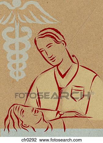 Illustration of a doctor with his patient and a caduceus sign View Large Illustration Drawing - Illustration of a doctor with his patient and a caduceus sign. Fotosearch