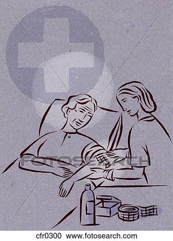 Clipart - Illustration of a nurse applying bandages to a patients arm, with the red cross sign in the background. Fotosearch
