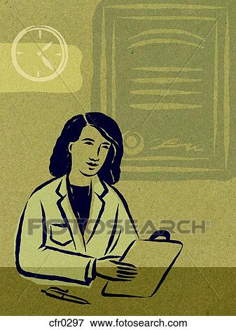 Stock Illustration - Illustration of a physician looking at notes, a wall clock and a medical certificate. Fotosearch