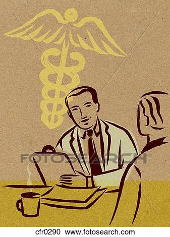 Clipart - Illustration of two doctors having a discussion and a caduceus sign. Fotosearch