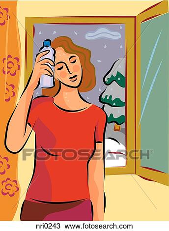 A hot and sweaty woman holding a cold bottle to her head in front of a window with snow outside View Large Illustration Drawing - A hot and sweaty woman holding a cold bottle to her head in front of a window with snow outside. Fotosearch