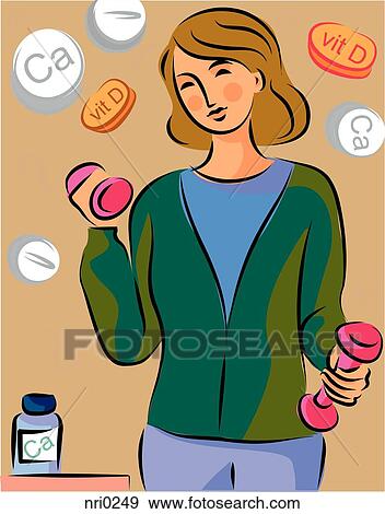 Stock Illustration - A woman lifting weights with calcium and vitamin D pills in the background. Fotosearch
