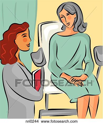 Stock Illustration - A woman sitting on an exam table talking to her doctor about her PAP test. Fotosearch