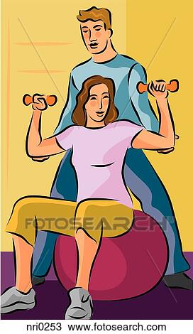 A woman with a physical trainer at the gym, lifting weights and using an exercise ball View Large Illustration Drawing - A woman with a physical trainer at the gym, lifting weights and using an exercise ball. Fotosearch
