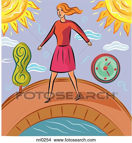 Stock Illustration - Illustration about change showing a woman walking over a bridge with a tree and a clock on either side. Fotosearch