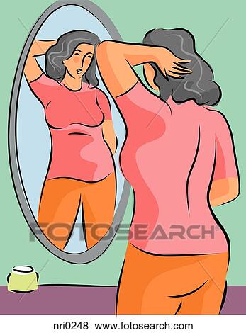 Stock Illustration - Illustration of a pudgy woman looking at herself in the mirror. Fotosearch