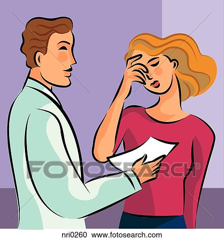 A woman holding her head, while the doctor hands her a prescription View Large Illustration Clipart - A woman holding her head, while the doctor hands her a prescription. Fotosearch