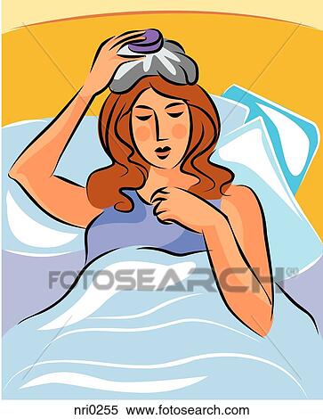 Stock Illustration - A woman lying down on bed with eyes closed and an ice pack on her forehead. Fotosearch