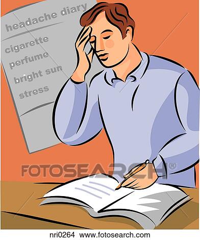 Stock Illustration - Illustration of a man holding his head and noting down migraine triggers in his headache diary. Fotosearch