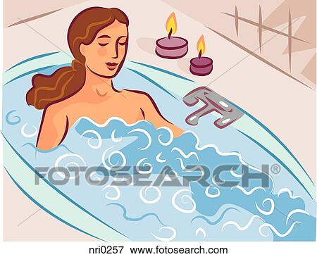 Stock Illustration - Illustration of a woman relaxing in a bubble bath by candlelight. Fotosearch