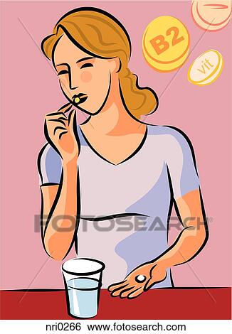 Stock Illustration - Illustration of a woman taking Vitamin B2 supplements. Fotosearch