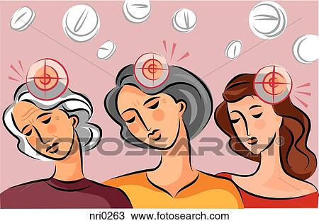 Drawing - Illustration of three generations of women with target circles indicating headaches, and pills in the background. Fotosearch