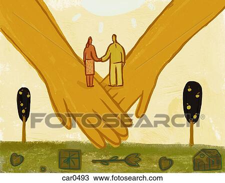 Drawing - A couple holding hands, standing on two large joined hands over hearts, a gift, a house and a flower. Fotosearch