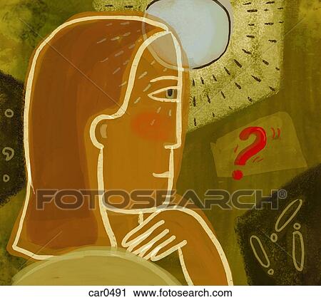 Clip Art - A woman with a light coming from her forehead and a red question mark. Fotosearch